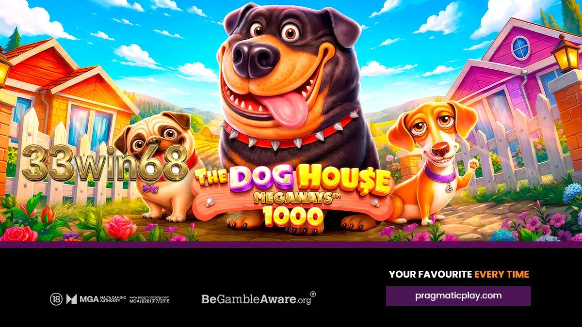 Giao diện trò chơi The Dog House Megaways 1000 với các biểu tượng chú chó hoạt hình